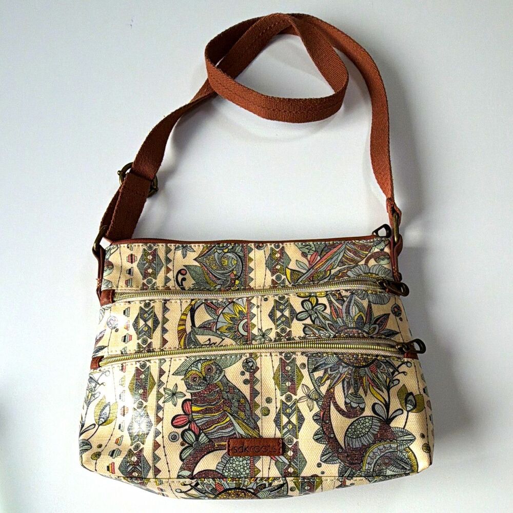 Sakroots Artist Circle Owl Floral Shoulder Bag Zip Closure Adjustable Strap